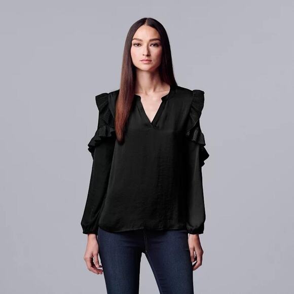 Vera Wang Ruffle Sleeve Blouse, Black, NWT size L - Picture 1 of 5